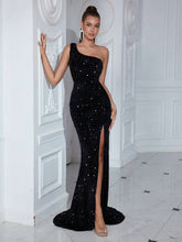 ADYCE Sequin One Shoulder Backless High Slit Ball Gown Party Dress
